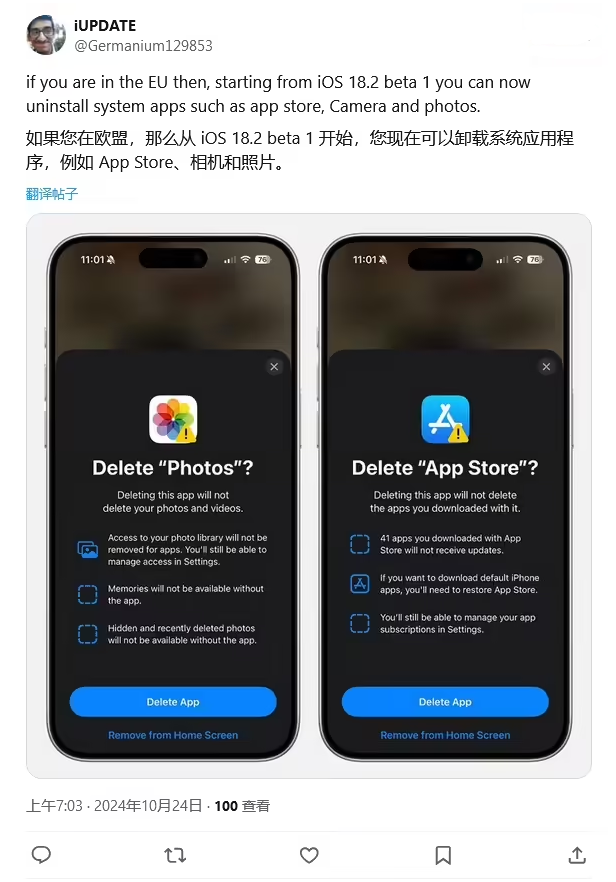 上思苹果手机维修分享iOS 18.2 支持删除 App Store 应用商店 