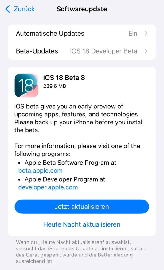 上思苹果手机维修分享苹果 iOS / iPadOS 18 开发者预览版 Beta 8 发布 